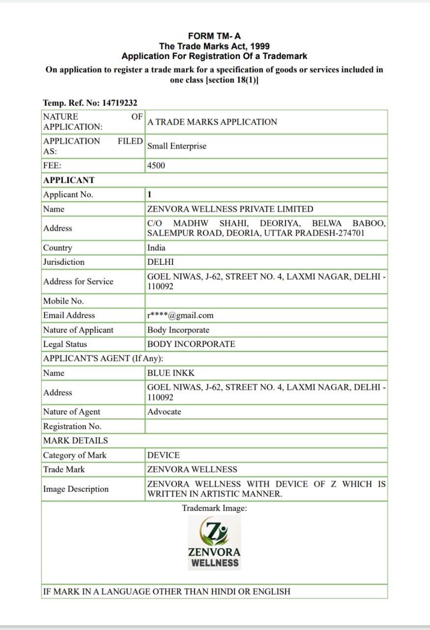Zenvora Wellness Trademark Application
